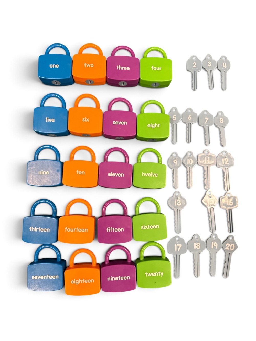 Lakeshore Multi-Color Numbered Padlock Set- 20 locks, 18 keys (2 missing)